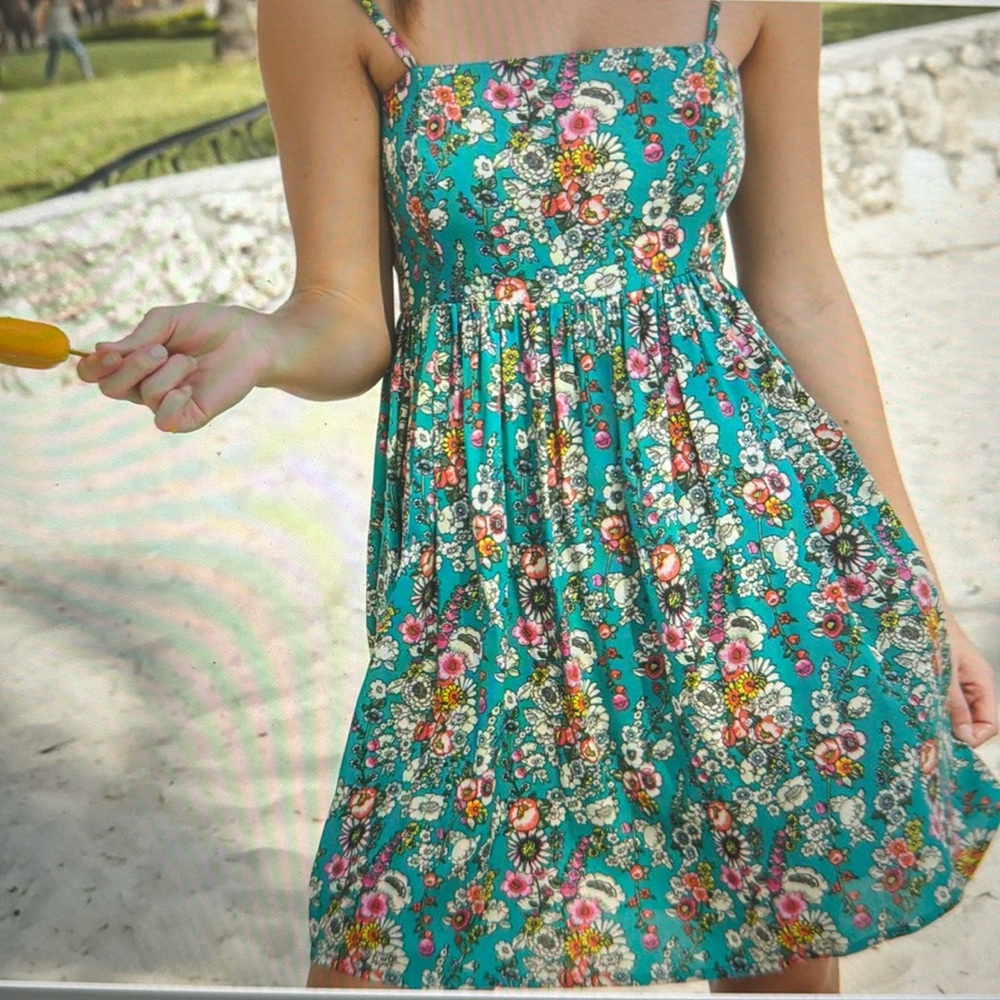 NATURAL LIFE Teal Floral Mini Sundress with Pink & Yellow Accents
